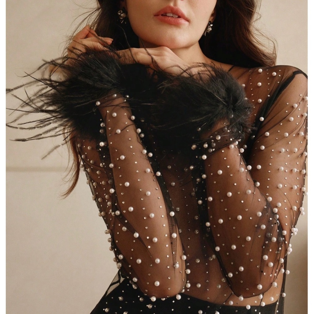 Black Sheer Mesh Long Sleeve Feather Shirt with Faux Pearls Sparkles Beaded